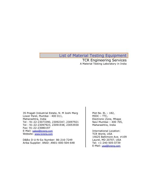 List of the Material Testing Equipment at TCR Engineering Services ...