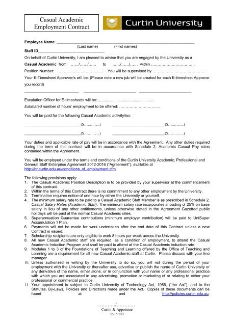 Casual Academic Employment Contract - Human Resources - Curtin ...