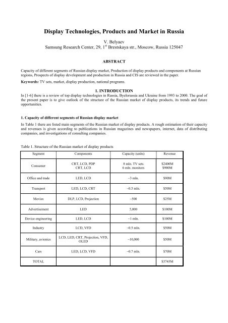 Display Technologies, Products and Market in Russia - SID