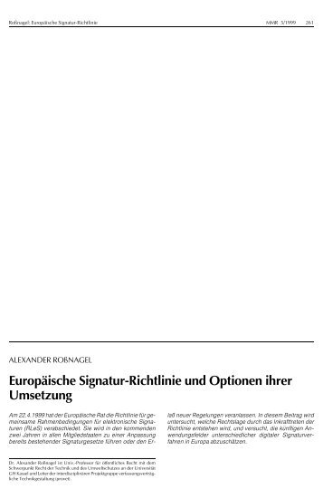 Europäische Signatur-Richtlinie und Optionen ihrer Umsetzung - EMR