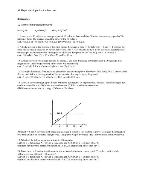 AP Physics Multiple Choice Practice` Kinematics 1DM (One ...