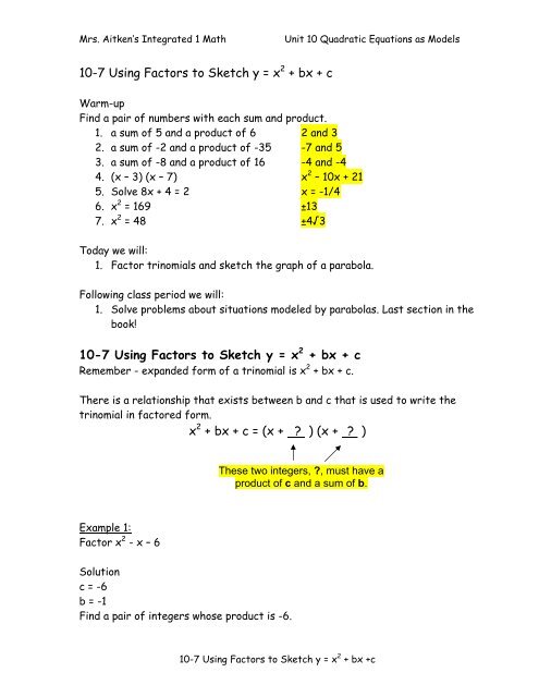 10 7 Using Factors To Sketch Y X 2 Bx C Notes
