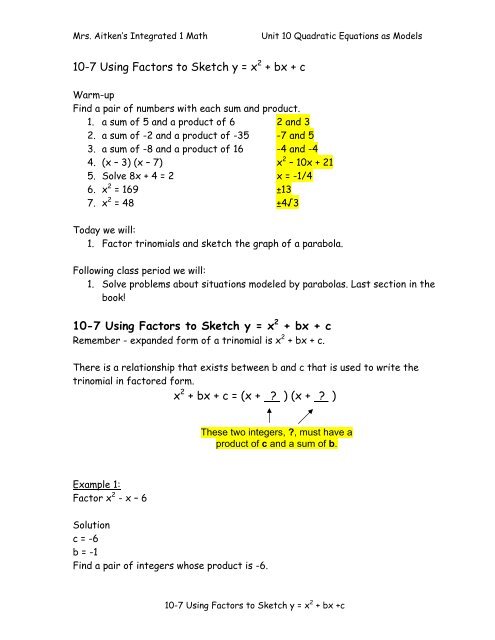 10-7 Using Factors to Sketch y = x 2 + bx + c notes