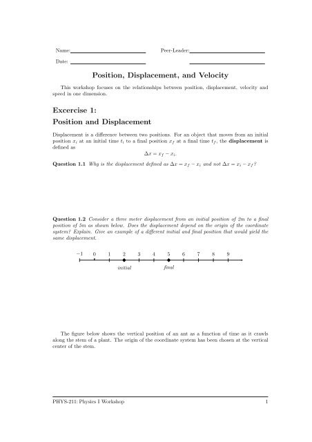 Position, Displacement, and Velocity Excercise 1: Position and ...