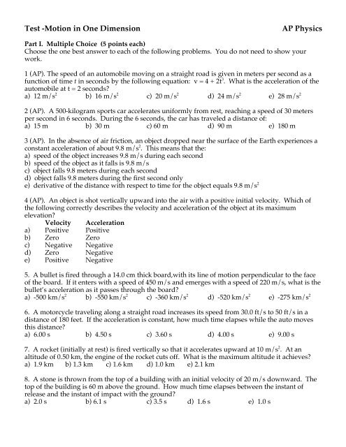 Test -Motion in One Dimension AP Physics - Tripod