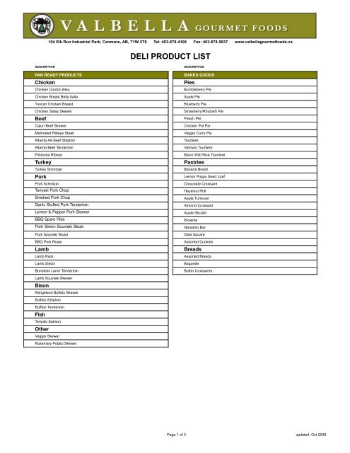 Download our Deli Product List (PDF) Valbella Gourmet Foods