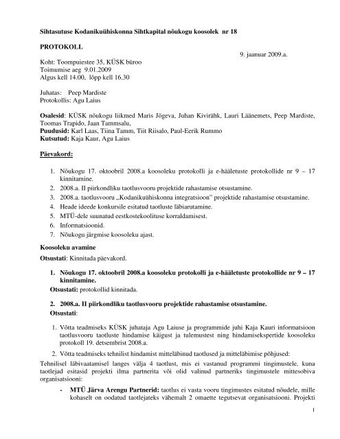 Nõukogu koosoleku protokoll nr 18, 9. jaanuar 2009 - KÜSK