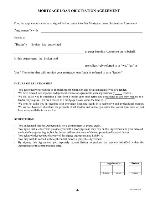 MORTGAGE LOAN ORIGINATION AGREEMENT