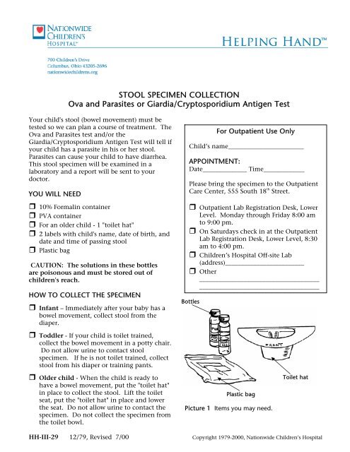 STOOL SPECIMEN COLLECTION Ova and Parasites or Giardia ...