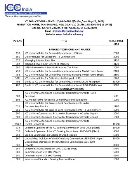 ICC PUBLICATIONS â PRICE LIST (UPDATED Effective ... - ICC India