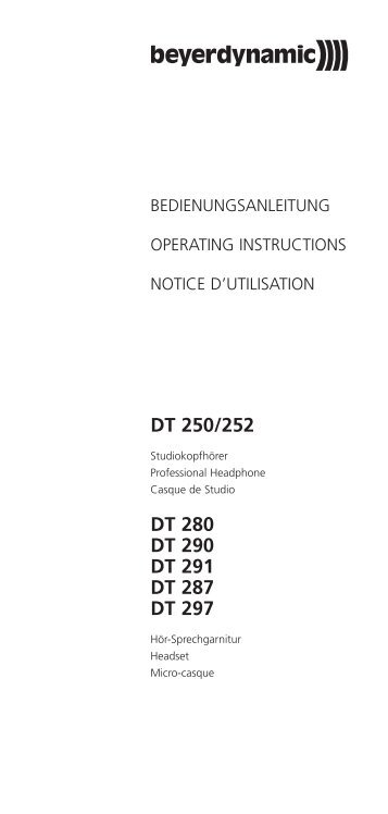 DT 250/252 DT 280 DT 290 DT 291 DT 287 DT 297 - Beyerdynamic