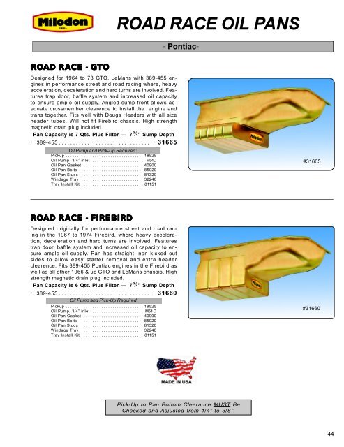 Road race oil pans - Milodon