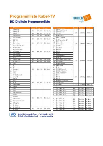 Programmliste Kabel-TV - Huber TV