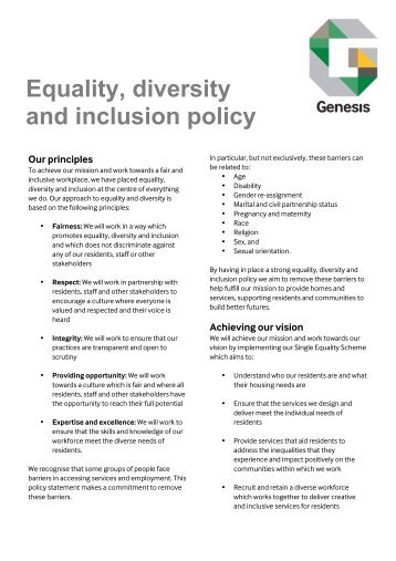Equality, diversity and inclusion policy - Genesis Housing Association
