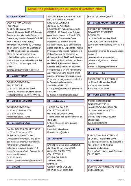 ActualitÃ©s philatÃ©liques du mois d'Octobre 2005 - Philatelistes.net