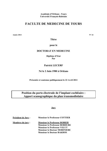 FACULTE DE MEDECINE DE TOURS - UniversitÃ© FranÃ§ois Rabelais