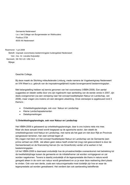 Zienswijze voorontwerp BP Buitengebied Nederweert