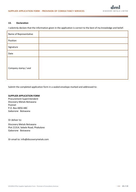 discovery metals group of companies supplier application form ...