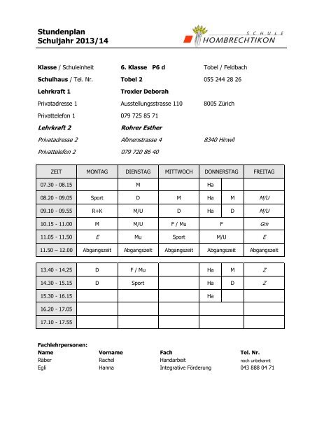 Stundenplan Schuljahr 2013/14 - Schule Hombrechtikon