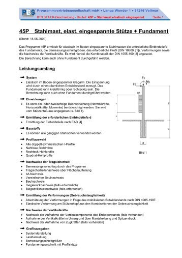 45P Stahlmast, elast. eingespannte Stütze + Fundament