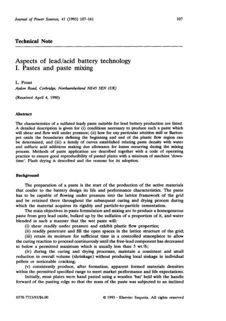 Aspects Of Lead Acid Battery I Pastes And Paste Mixing Technology
