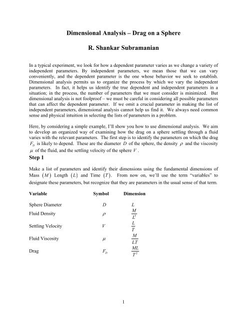 Dimensional Analysis â€“ Drag on a Sphere R. Shankar Subramanian