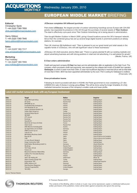 EUROPEAN MIDDLE MARKET BRIEFING - Acquisitions Monthly