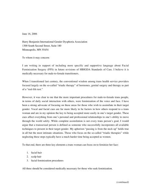 Letter to HBIGDA on medical necessity of FFS - Transsexual Road ...