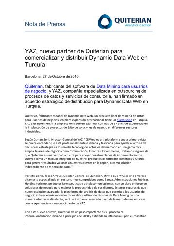 Nota de Prensa YAZ, nuevo partner de Quiterian para ... - Dataprix