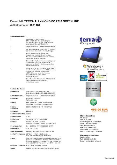 Datenblatt: TERRA ALL-IN-ONE-PC 2210 GREENLINE - PC-Seller