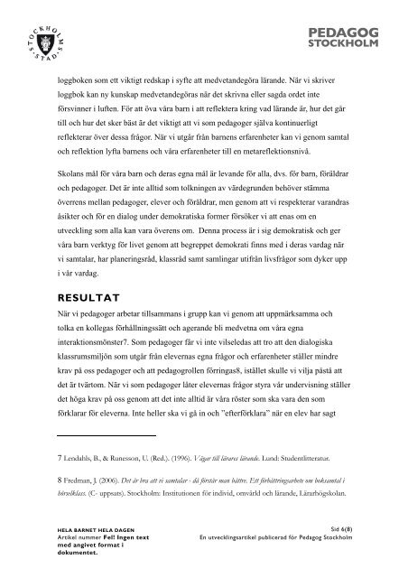 PDF: Hela barnet hela dagen, utvecklingsartikel - Pedagog Stockholm