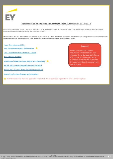 Documents to be enclosed – Investment Proof Submission – 2014-2015