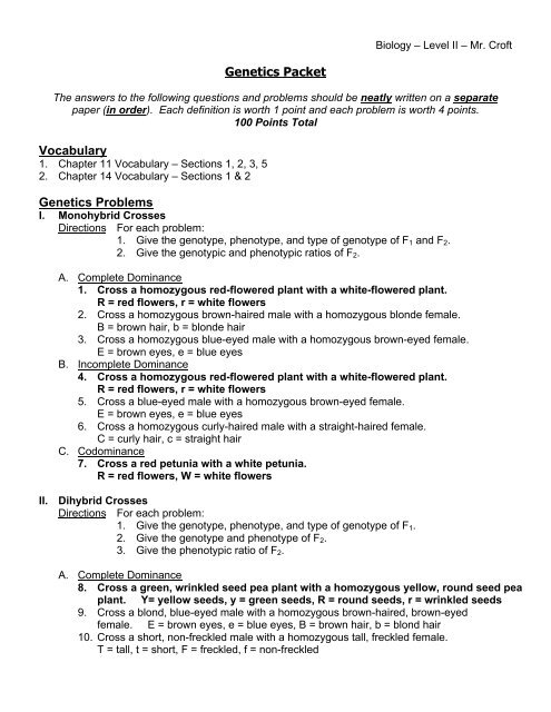 Genetics Packet - Level II - Mr. Croft's