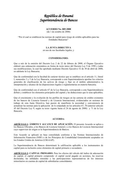 Acuerdo No. 5-2008 - Superintendencia de Bancos PanamÃ¡