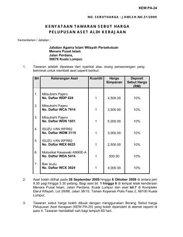 kenyataan tawaran sebut harga pelupusan aset alih kerajaan - JAWI