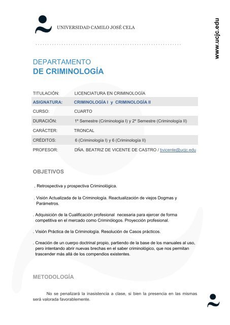DE CRIMINOLOGÃA - Universidad Camilo JosÃ© Cela