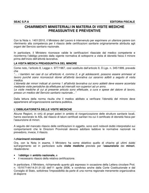 chiarimenti ministeriali in materia di visite mediche preassuntive e ...