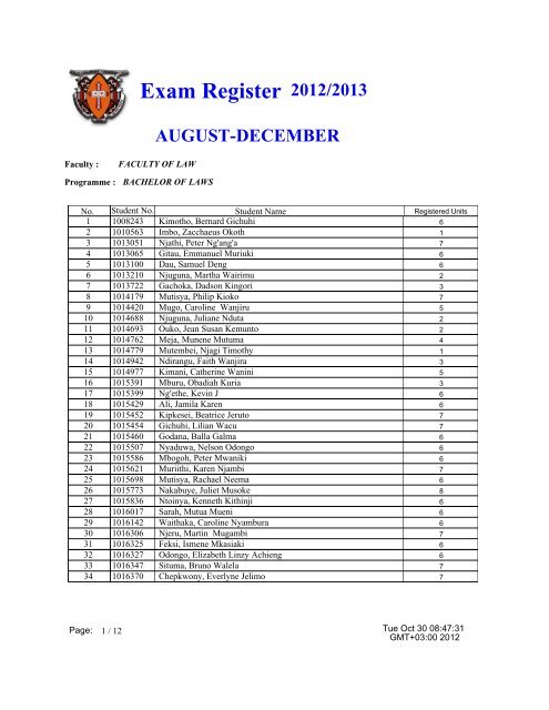 Exam Register 2012/2013 AUGUST-DECEMBER
