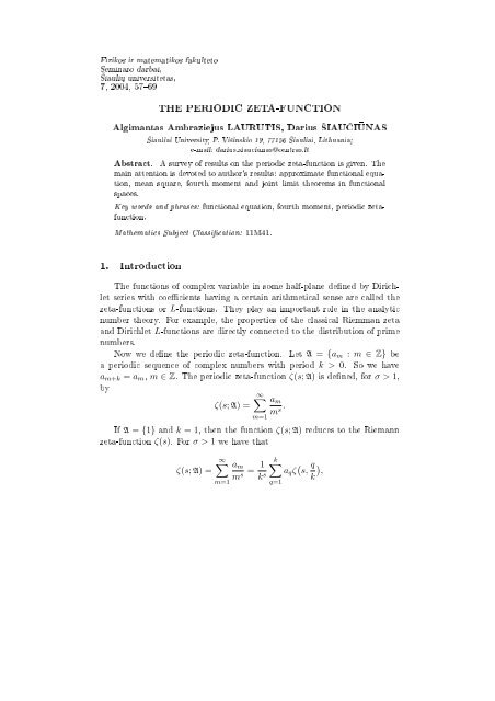 THE PERIODIC ZETA-FUNCTION 1. Introduction