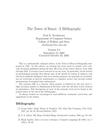The Tower of Hanoi: A Bibliography - Computer Science - College of ...