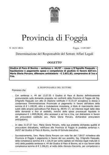 Giudice di Pace di Bovino - sentenza n. 44/07 - Provincia di Foggia