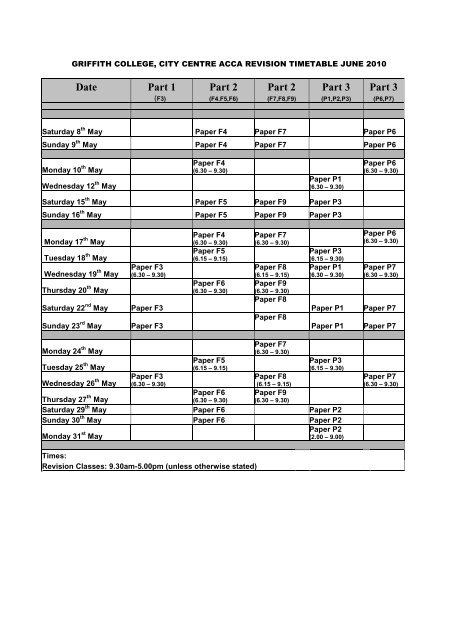 Revision Timetable June 2010 City Centre - Griffith College Dublin