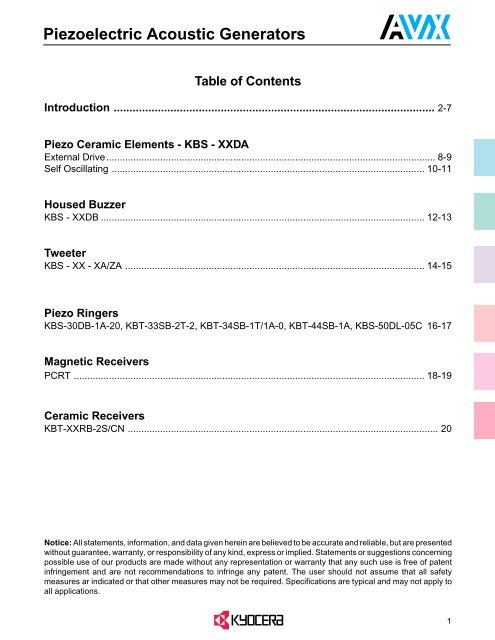 AVX Piezoelectric Acoustic Generators Catalog