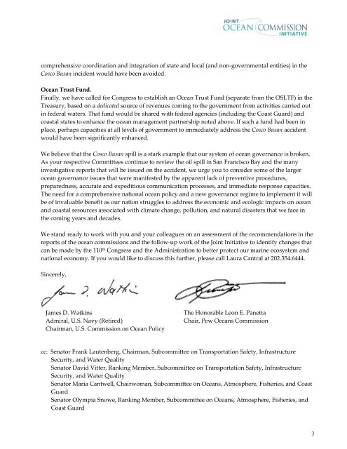 Oil Spill Letter to Senate Leaders - Joint Ocean Commission Initiative