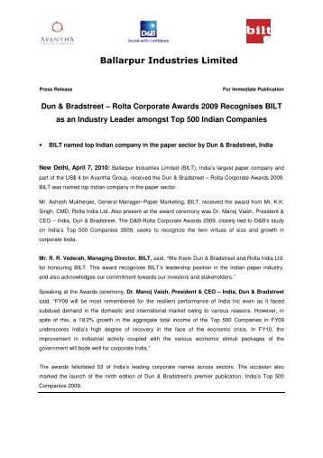 Dun & Bradstreet â Rolta Corporate Awards 2009 ... - Avantha Group