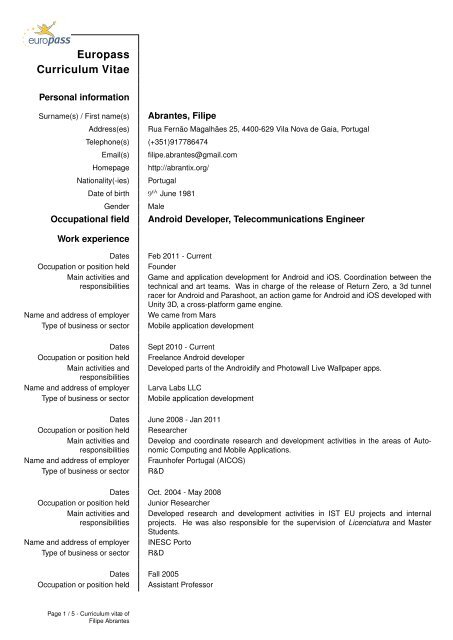 Europass Curriculum Vitae Filipe Abrantes