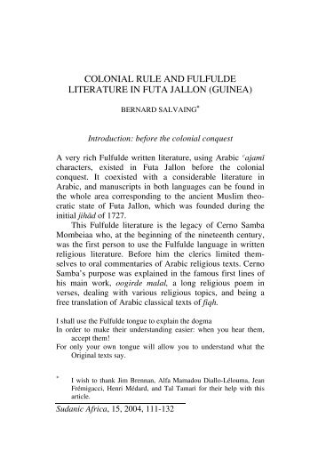 colonial rule and fulfulde literature in futa jallon (guinea)