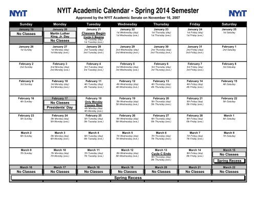 Nyit Calendar 2022 Nyit Academic Calendar - Spring 2014 Semester