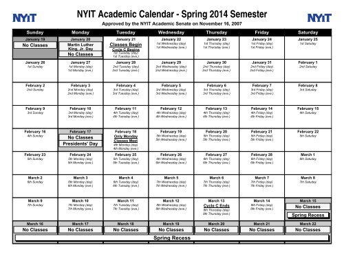 NYIT Academic Calendar - Spring 2014 Semester NYIT Academic Calendar - Spring 2014 Semester