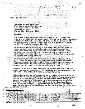 Letter from G. Brown, RIV, to W. Shelley, Kerr-McGee Nuclear Corp ...